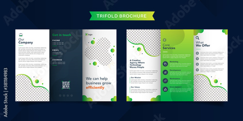 Corporate business trifold brochure template. Modern, Creative and Professional tri fold brochure vector design. Simple and minimalist promotion layout with green color.