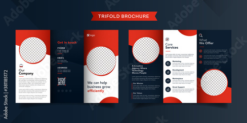 Corporate business trifold brochure template. Modern, Creative and Professional tri fold brochure vector design. Simple and minimalist promotion layout with red color.