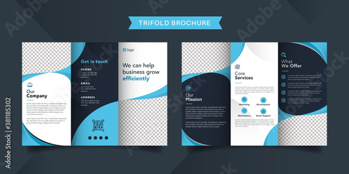 Corporate business trifold brochure template. Modern, Creative and Professional tri fold brochure vector design. Simple and minimalist promotion layout with blue color.