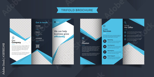 Corporate business trifold brochure template. Modern, Creative and Professional tri fold brochure vector design. Simple and minimalist promotion layout with blue color.