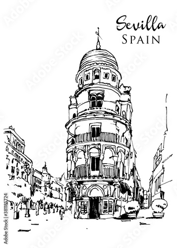 Drawing sketch illustration of Edifico la Adriatica in Sevilla, Spain photo