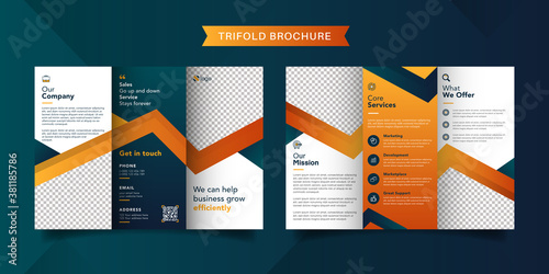 Corporate business trifold brochure template. Modern, Creative and Professional tri fold brochure vector design. Simple and minimalist promotion layout with orange color.