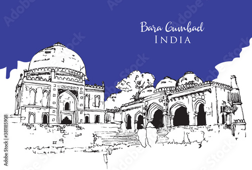 Drawing sketch illustration of Bara Gumbad, India