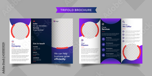 Corporate business trifold brochure template. Modern, Creative and Professional tri fold brochure vector design. Simple and minimalist promotion layout with purple color.