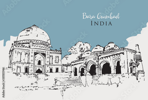 Drawing sketch illustration of Bara Gumbad, India