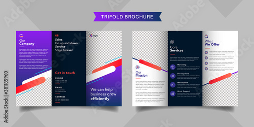 Corporate business trifold brochure template. Modern, Creative and Professional tri fold brochure vector design. Simple and minimalist promotion layout with purple color.