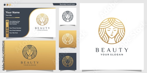 Woman logo with golden beauty maskot style and business card design template Premium Vector