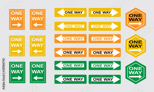 one way sign, one way sign set colourful. one way right side, one way left side, one way up side, one way down side.