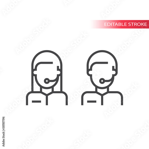 Call center operator thin line vector icon. Man and woman with headset, head phones and microphone, contact icons, outline, editable stroke.