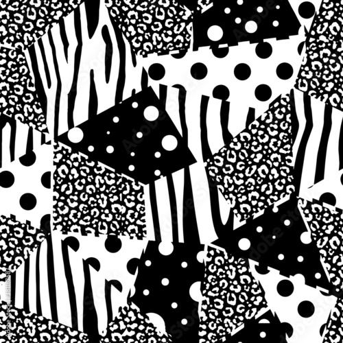 Vector animal skins; zebra, snake, leo, leopard mixed on geometric triangles mosaic background