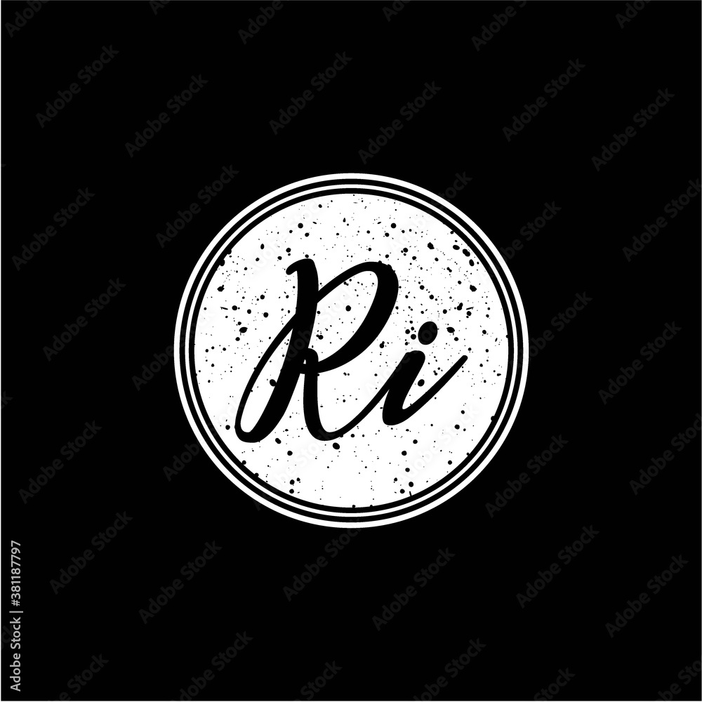 R I Initial Handwriting In Black and White Circle Frame Design