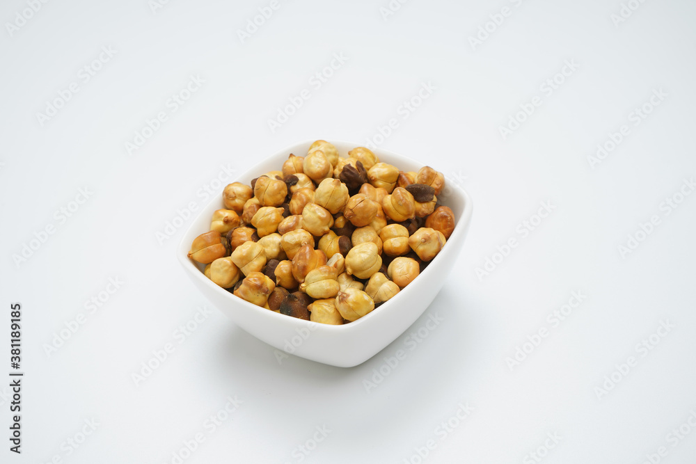 Roasted chickpeas or bhuna chana isolated on white background Roasted chickpeas or bhuna chana isolated on white background