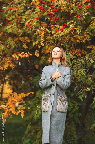 Outdoors lifestyle fashion portrait of beautiful young woman walking on the autumn park. Standing under the rowan. Bunches of red ripe rowanberry. Wearing stylish grey oversized coat with fur pockets.