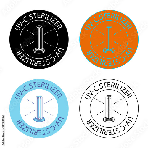 UV-C sterilizer stamp. UV light disinfection icons. Badge set for ultraviolet sterilization. Ultraviolet germicidal irradiation. Surface cleaning, medical decontamination procedure. Vector