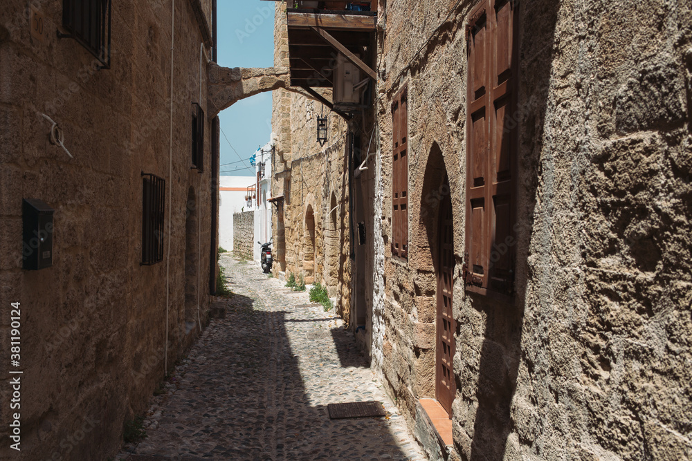 vintage narrow streets of the old town in Greece, Rhodes