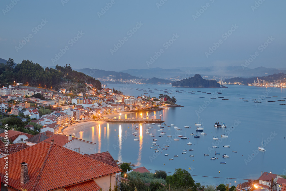 Aerial view at sunset of a coastal town in the Galicia area called Raxó