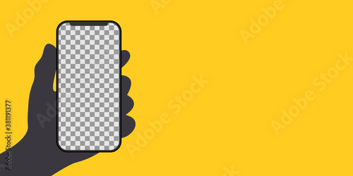 Mockup phone for advertising . Phones with transparent screen in hand on yellow background. Vector illustration