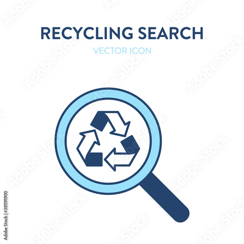 Recycling search icon. Vector illustration of a magnifier tool with recycling symbol inside. Represents concept of environmental conservation, waste reuse symbol