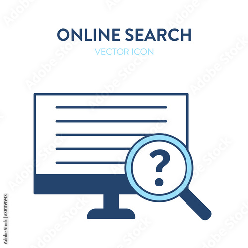 Online search icon. Vector illustration of a computer monitor with a magnifier tool. Represents concept of searching for an answer, finding an answer online, encyclopedia, internet
