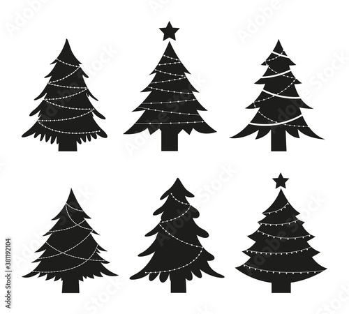Set of Christmas trees silhouette with garland. Black symbol winter trees collection for holiday xmas and new year.