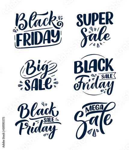 Set with Black friday lettering in modern calligraphy style. Slogans for promotion template and sale banner. Vector