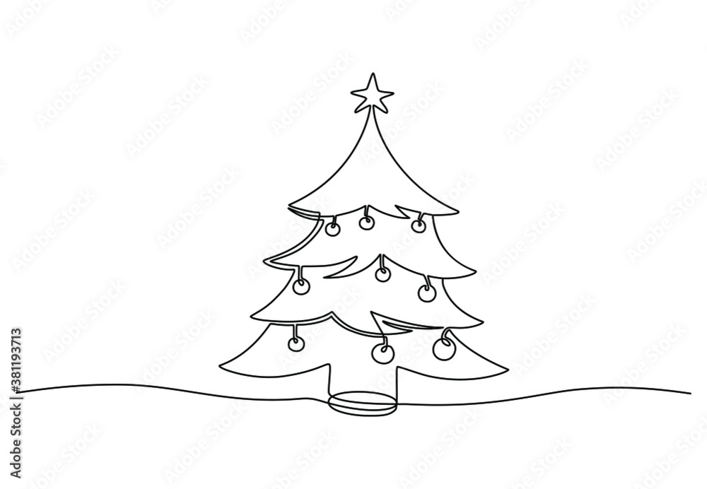 Continuous one line drawing of Christmas tree with decorations. New Year concept, fir tree made of one line in modern minimalist style for holiday cards. Vector illustration Continuous one line drawing of Christmas tree with decorations. New Year concept, fir tree made of one line in modern minimalist style for holiday cards. Vector illustration