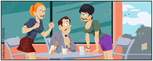Friends quarrel in cafe. Illustration for internet.