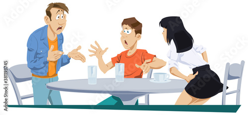 Friends quarrel in cafe. Illustration for internet.