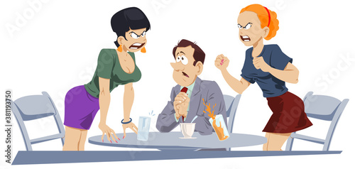 Friends quarrel in cafe. Illustration for internet.