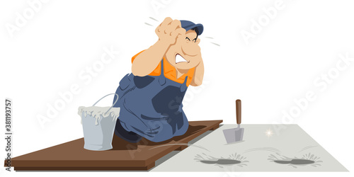 Shocked builder near at spoiled job.