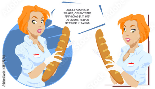 Beautiful saleswoman in bread store. Trade in bakery. Picture concept for web page design.