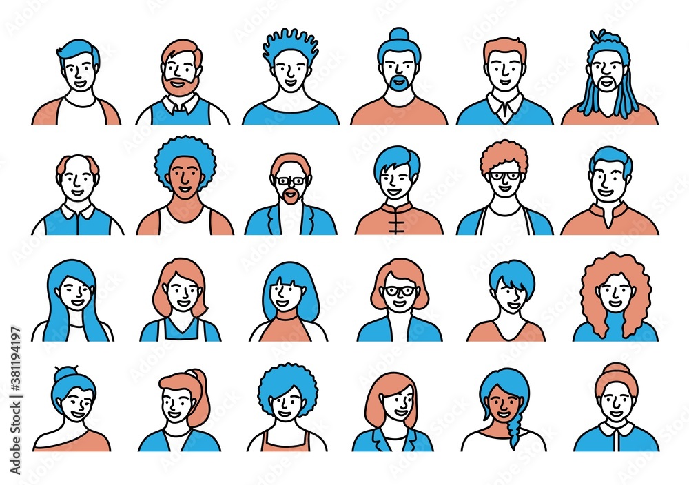 Contour set of persons, avatars, people heads of different ethnicity and age in flat style. Multi nationality social networks line people faces collection. Contour set of persons, avatars, people heads of different ethnicity and age in flat style. Multi nationality social networks line people faces collection.