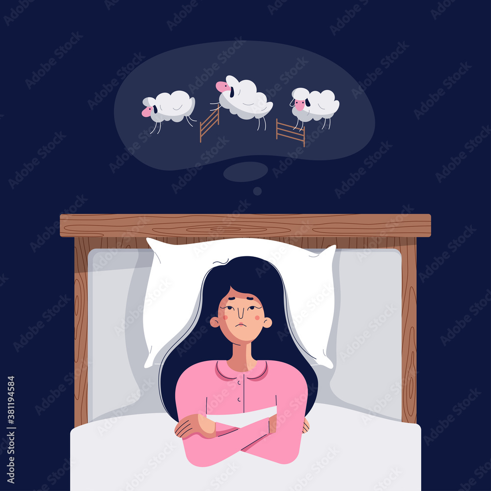 Insomnia concept. Cute young woman counting sheep. Sleepless girl lying in  bed with open eyes, trying to fall asleep. Insomnia, sleep disorder vector  illustration. Female character, flat cartoon style Stock Vector |