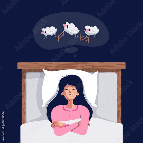 Insomnia concept. Cute young woman counting sheep. Sleepless girl lying in bed with open eyes, trying to fall asleep. Insomnia, sleep disorder vector illustration. Female character, flat cartoon style