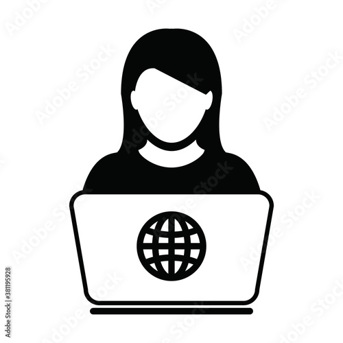 Employee icon vector working online from home with laptop computer female user person profile avatar and globe symbol in a flat color glyph pictogram illustration