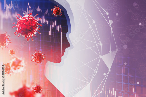 Woman head silhouette and coronavirus over red background
