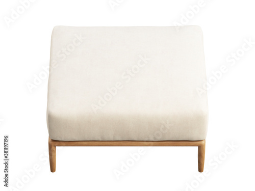 Light beige fabric ottoman with wooden legs. 3d render