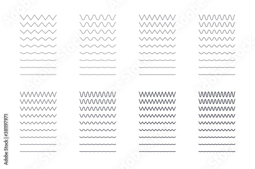 Zigzag wavy lines set. Editable stroke. Sharp and rounded seamless patterns of different thicknesses. Vector stock illustration on white background
