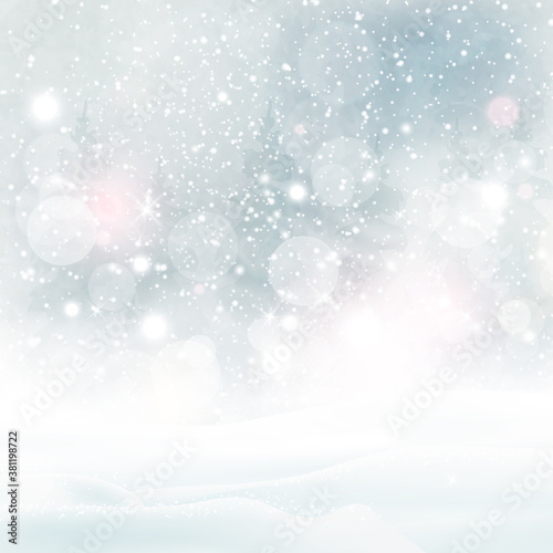 Natural Winter Christmas background with blue sky, heavy snowfall, snowflakes in different shapes and forms, snowdrifts. Winter landscape with falling christmas shining beautiful snow. © pipochka