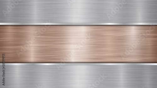 Background consisting of a bronze shiny metallic surface and two horizontal polished silver plates located above and below, with a metal texture, glares and burnished edges