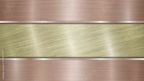 Background consisting of a golden shiny metallic surface and two horizontal polished bronze plates located above and below, with a metal texture, glares and burnished edges