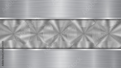 Background in silver and gray colors, consisting of a shiny metallic surface and two horizontal polished plates located above and below, with a metal texture, glares and burnished edges