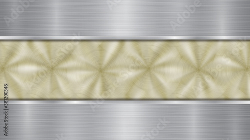 Background consisting of a golden shiny metallic surface and two horizontal polished silver plates located above and below, with a metal texture, glares and burnished edges