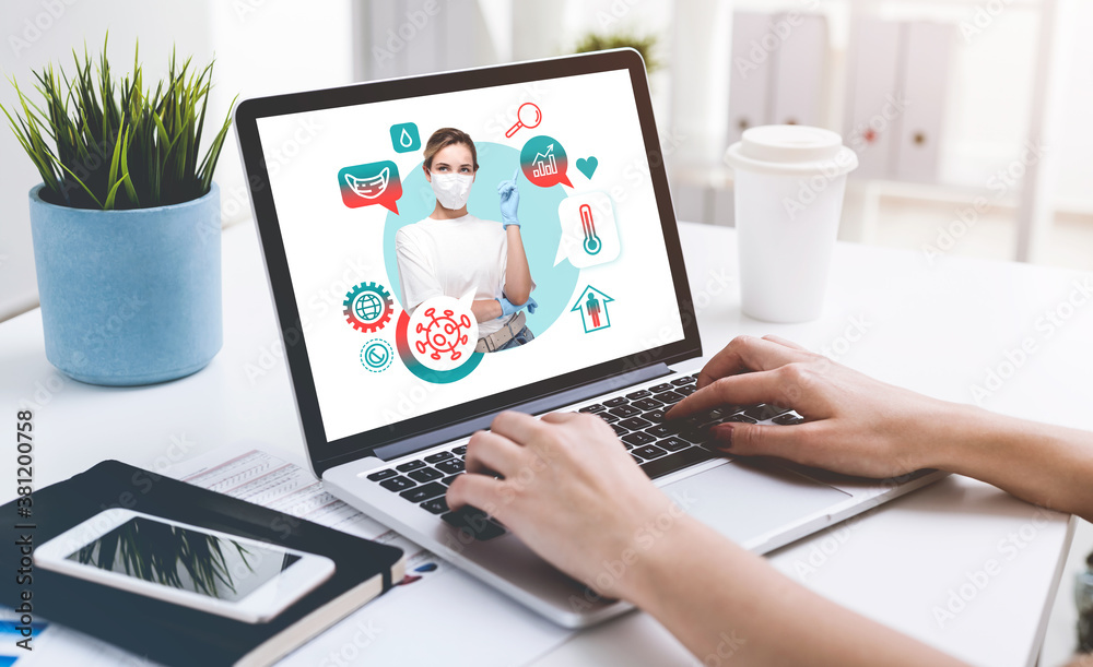 Woman using laptop with woman and medical icons Woman using laptop with woman and medical icons