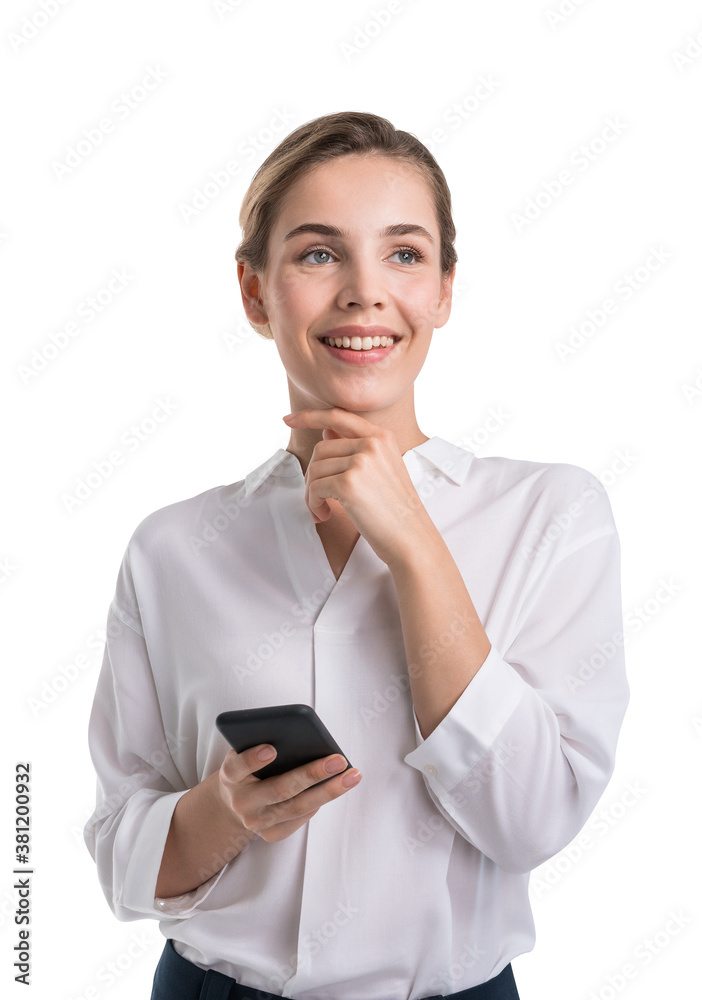 Smiling young businesswoman with smartphone, isolated Smiling young businesswoman with smartphone, isolated