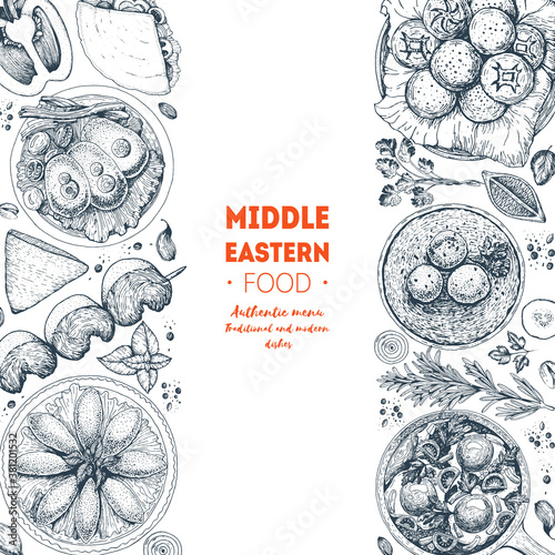 Middle eastern cuisine top view. Food menu design template with hummus, gefilte fish, kibbeh, shakshouka. Vintage hand drawn sketch vector illustration.