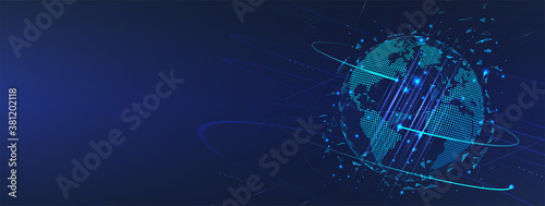 Futuristic Earth Globe hologram. Map of the planet in digital style. World map with global social network. Future concept. Blue futuristic background with planet Earth created. Vector tech Earth Globe