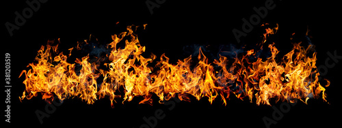 Cuadro en lienzo Fire flames on black background, isolated.  Wall of fire