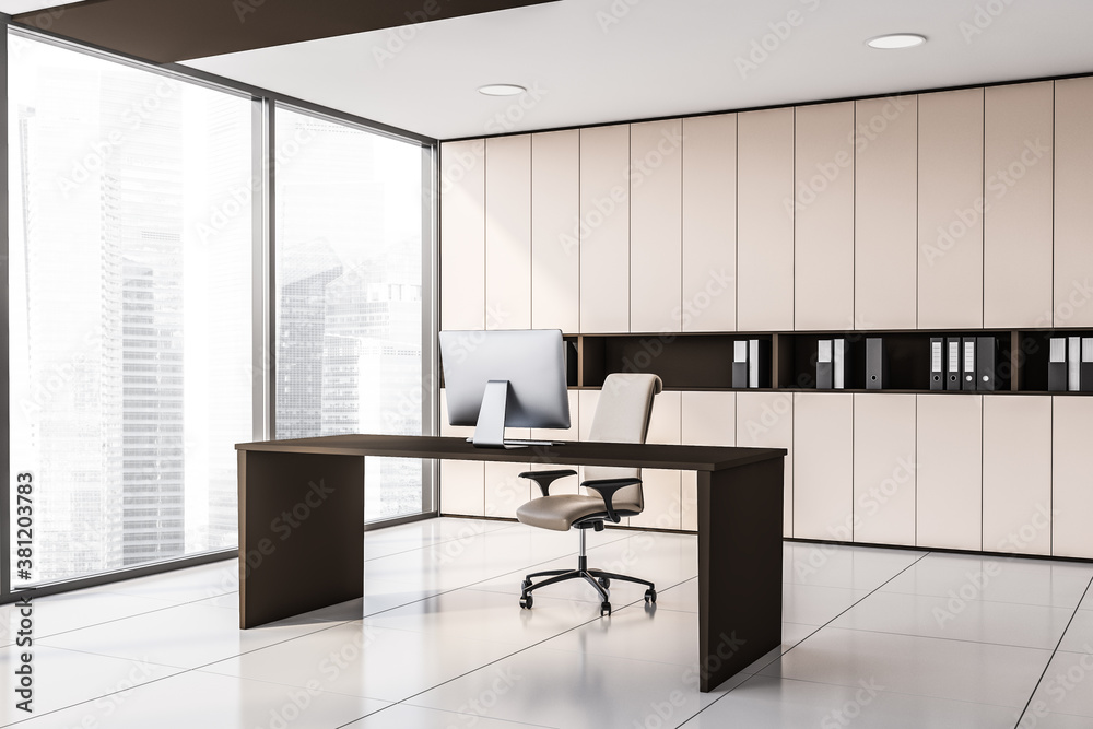 Modern white and beige panoramic CEO office corner Modern white and beige panoramic CEO office corner
