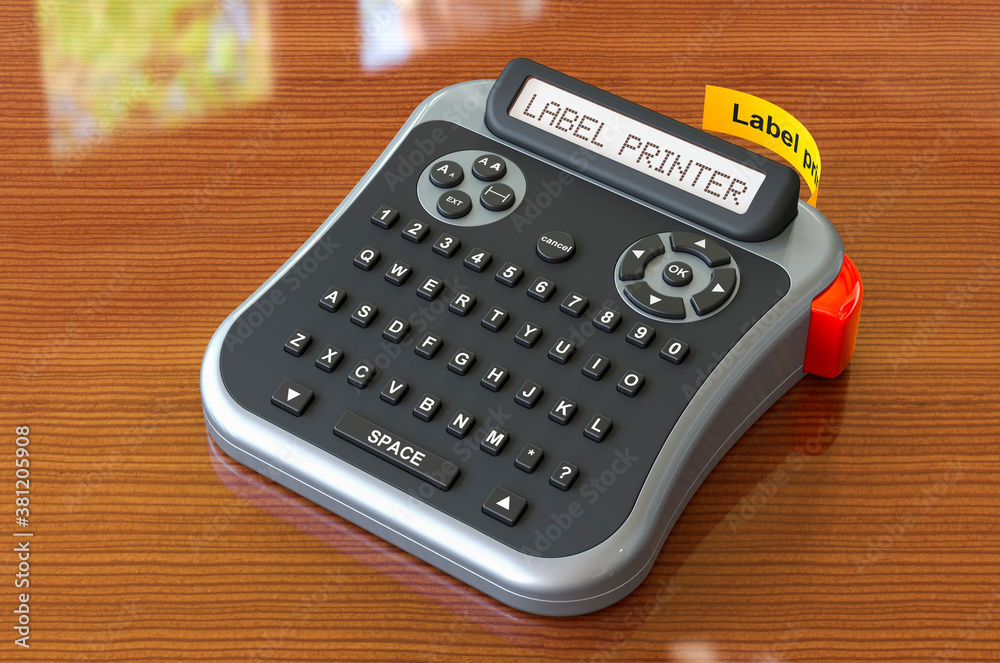 Label printer on the wooden table, 3D rendering Label printer on the wooden table, 3D rendering